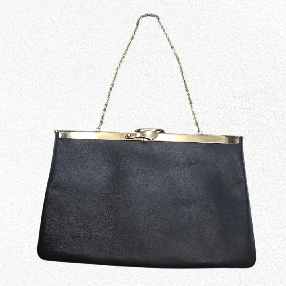 Vintage 1950s Black Leather Evening Bag Gold Frame Lift Clasp Chain Strap Etra